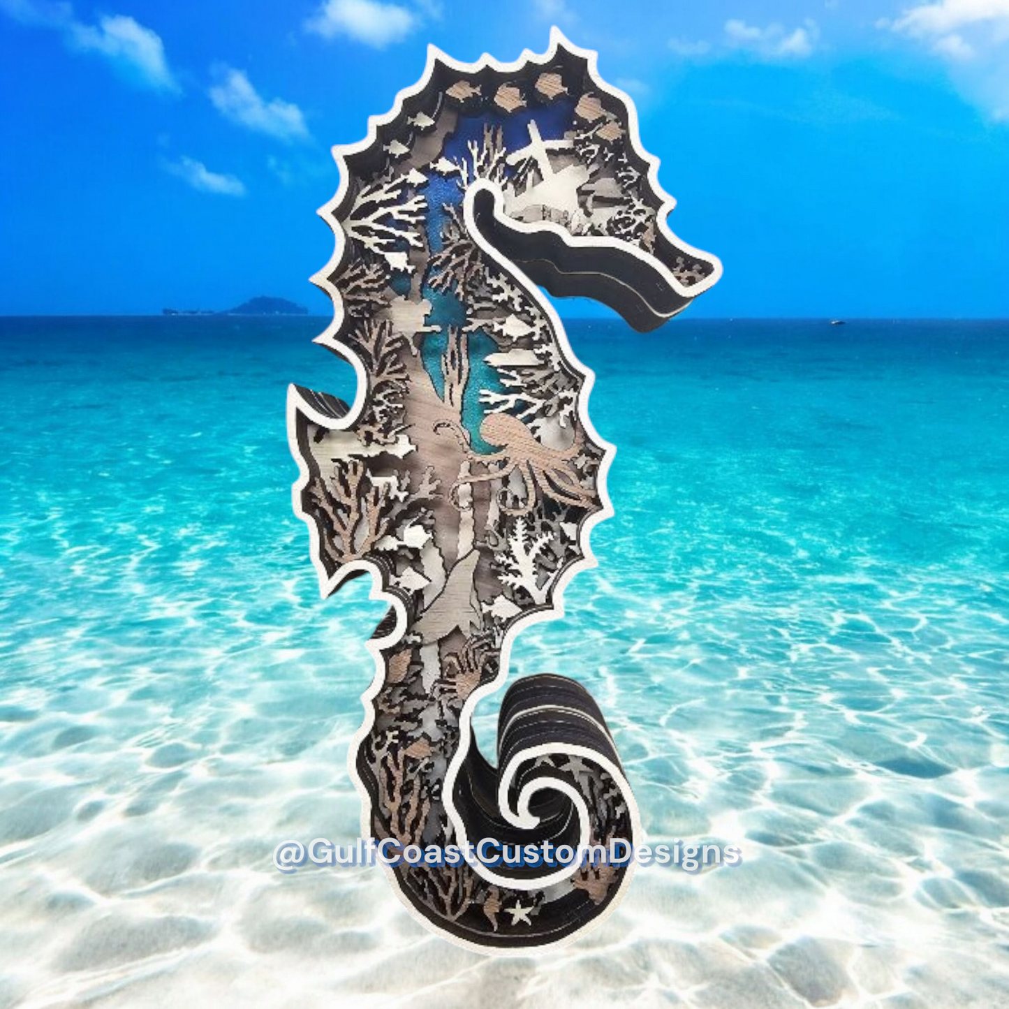 Seahorse Multi-Layer Wood Wall Art - 3D Sealife Ocean Custom Decor Nursery Art
