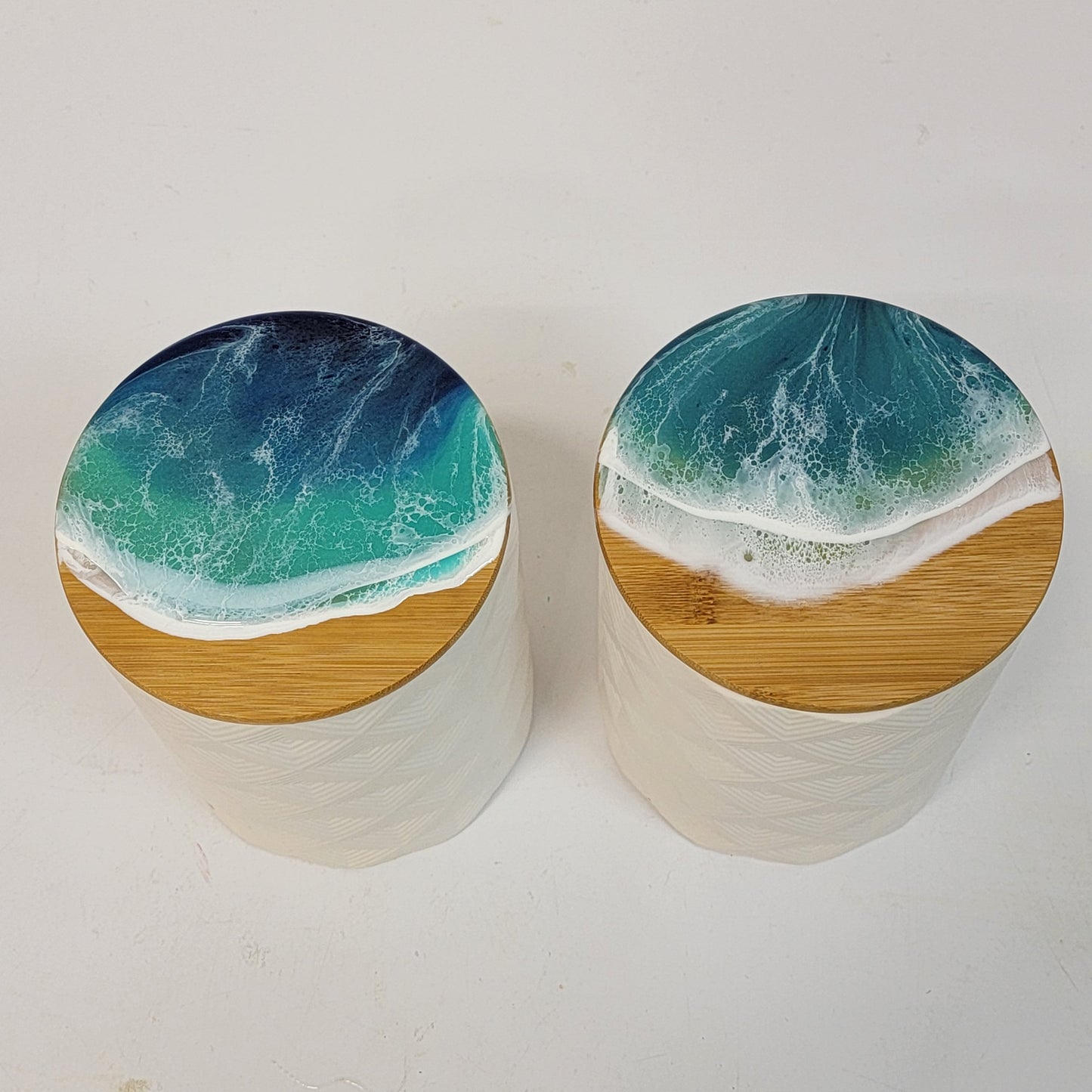 White Storage Canisters w/ Ocean Resin Wave Design (set of 2) Decorative Containers