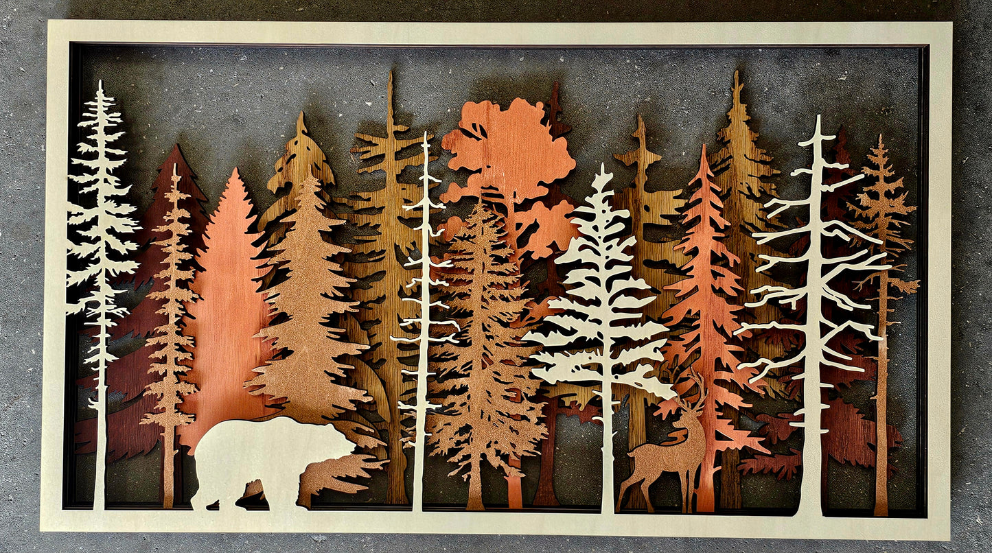 Forest Wall Art | 5-Layer Birch Wood Forest Scene – Unique Laser Engraved Wall Art with Bear and Deer