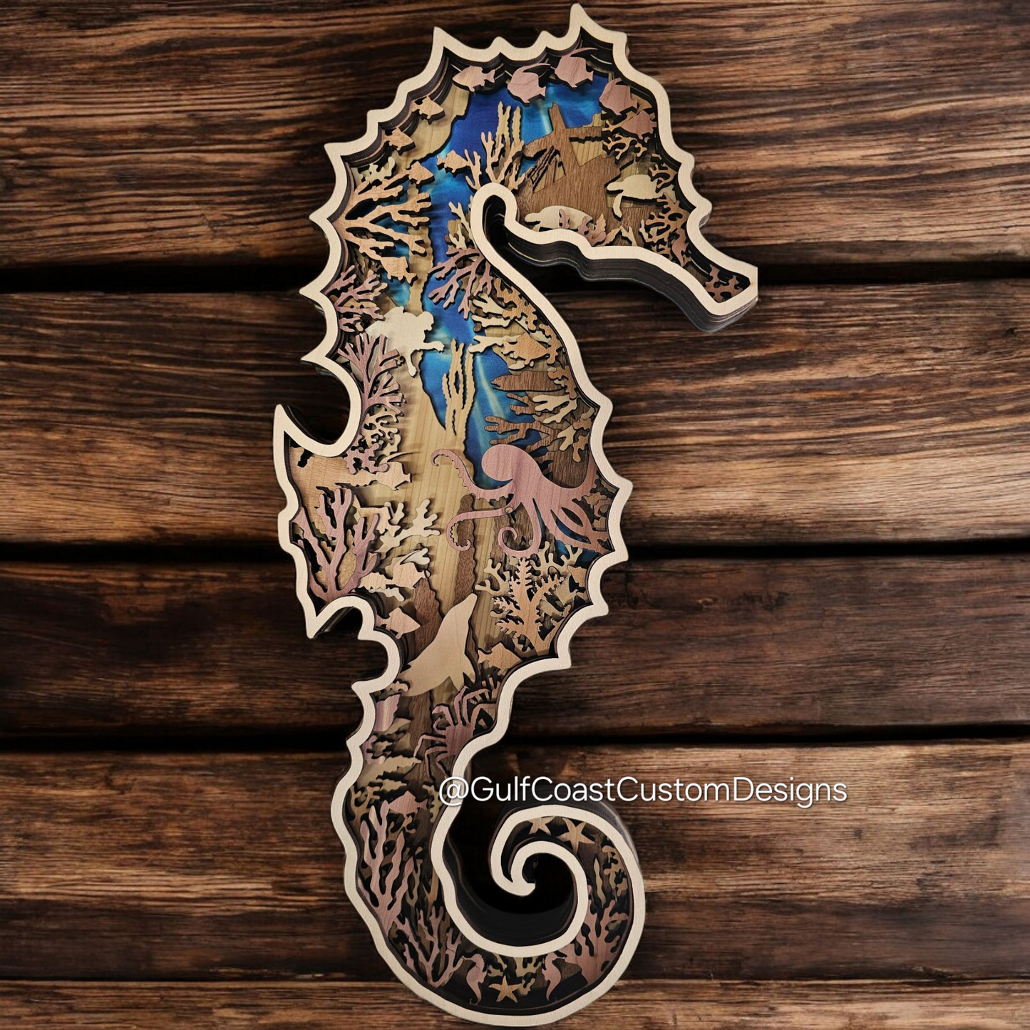 Seahorse Multi-Layer Wood Wall Art - 3D Sealife Ocean Custom Decor Nursery Art