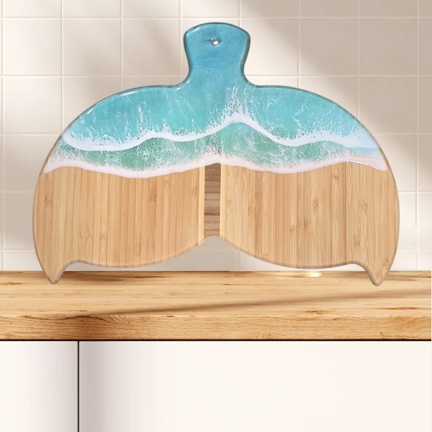 Whale Tail Shaped Bamboo Cutting Board with Ocean Resin Design