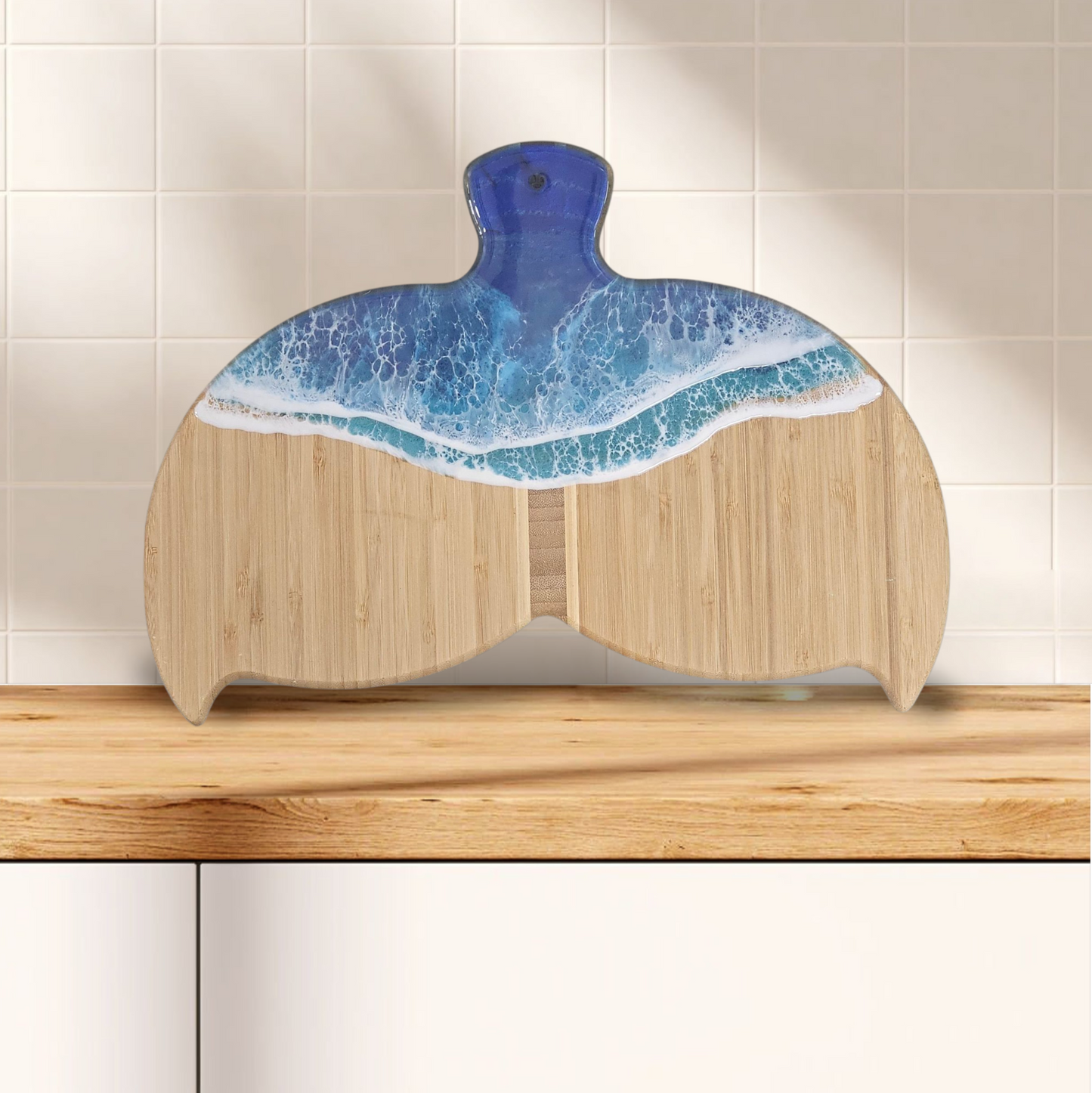 Whale Tail Shaped Bamboo Cutting Board with Ocean Resin Design