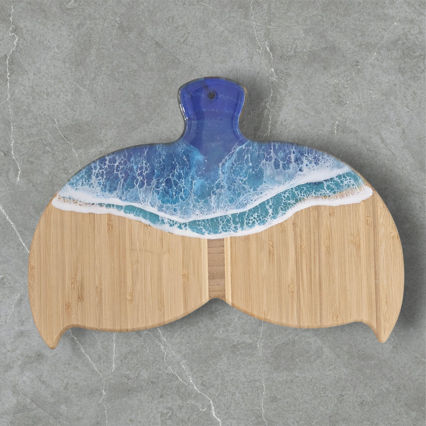 Whale Tail Shaped Bamboo Cutting Board with Ocean Resin Design