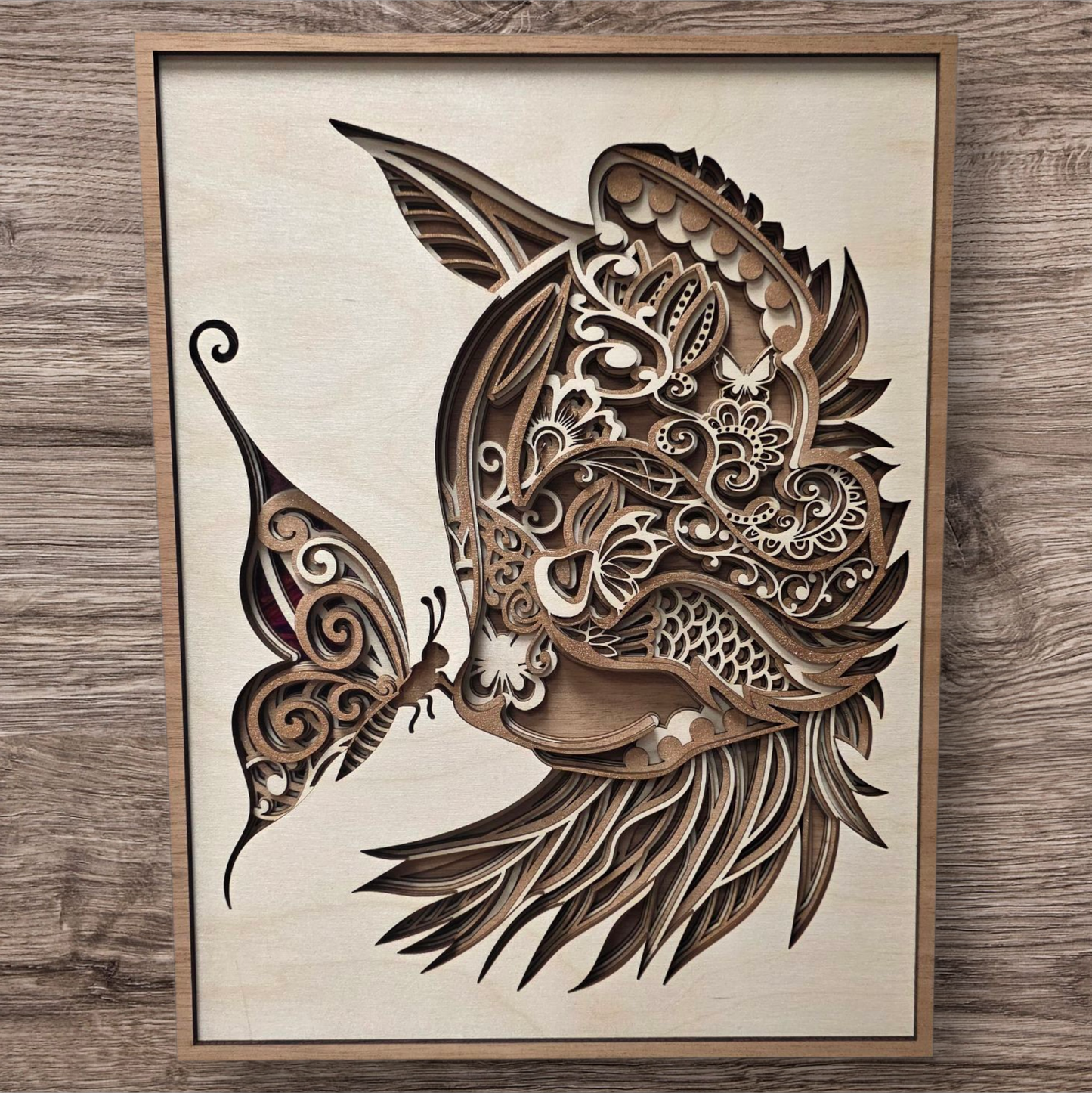 "Whiskers & Wings" – Multi-Layer Wood Art of a Cat & Butterfly