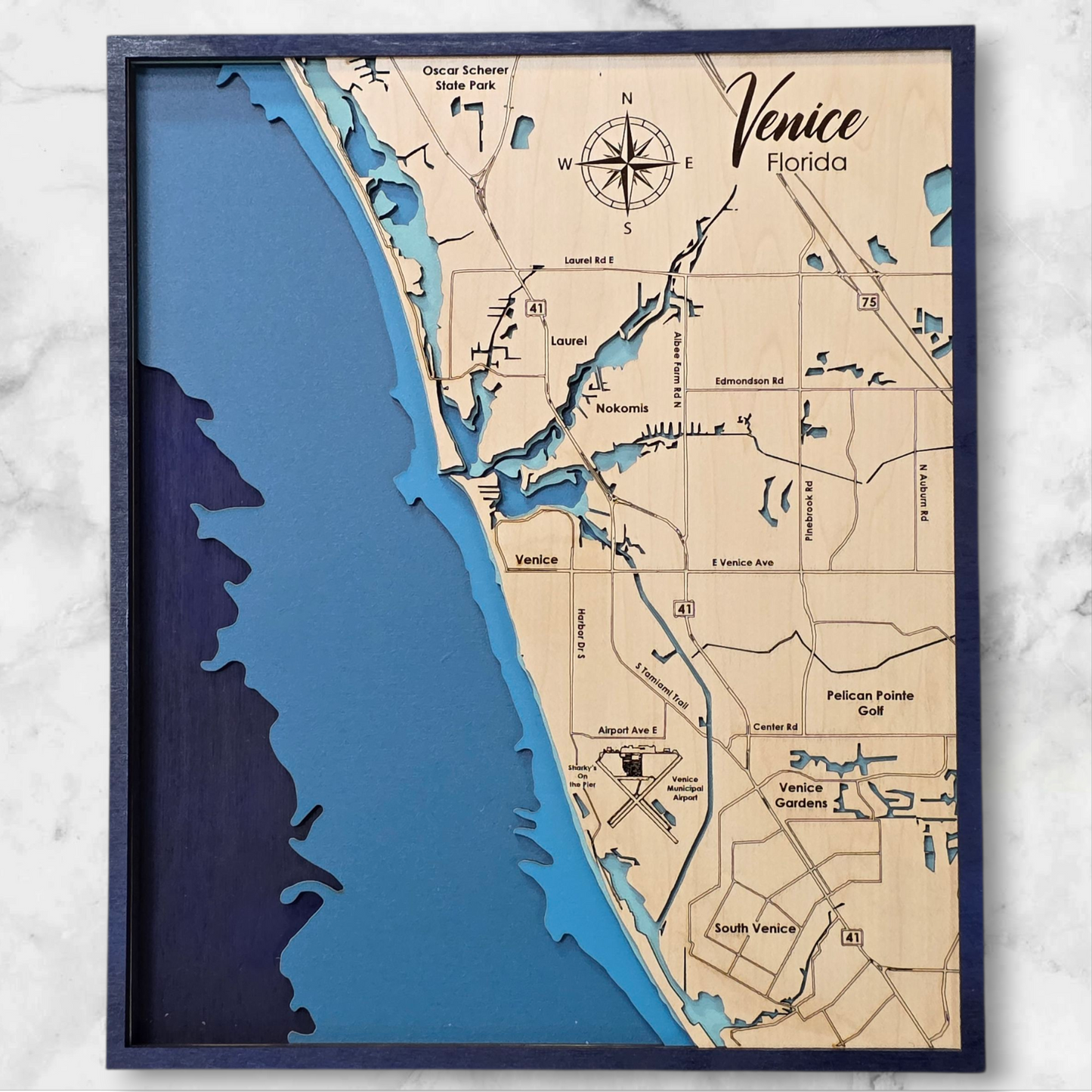 Venice Florida Multi-layer Wood Topographic Style Map Wall Art Home Decor