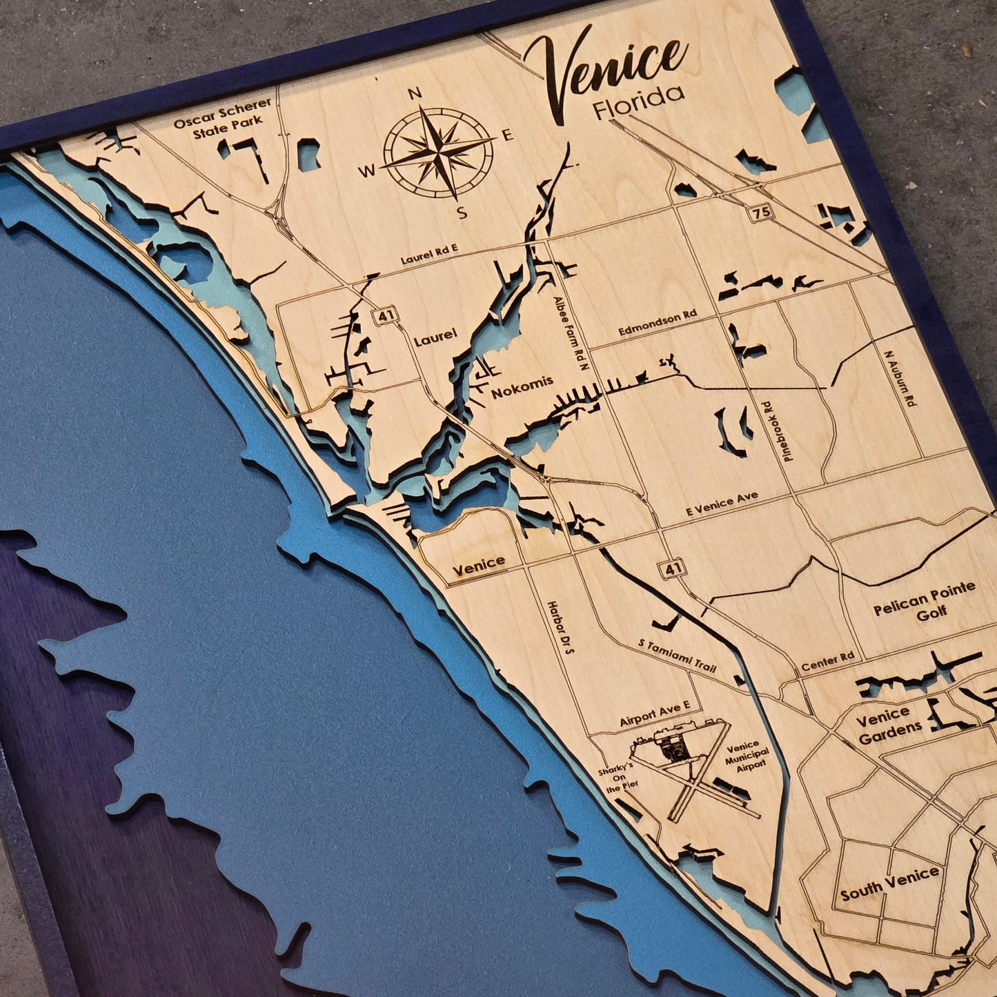Venice Florida Multi-layer Wood Topographic Style Map Wall Art Home Decor