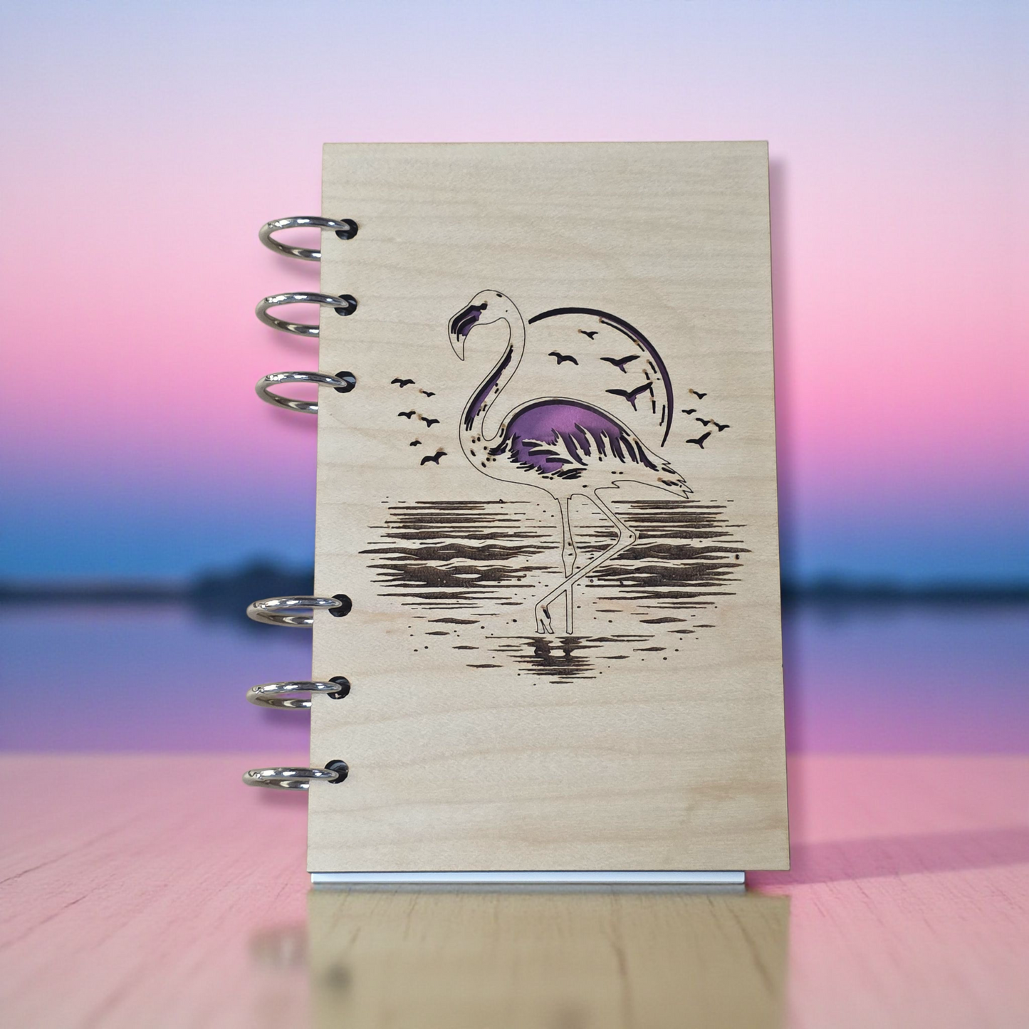 Flamingo Design Wood Refillable Notebook Journal A6