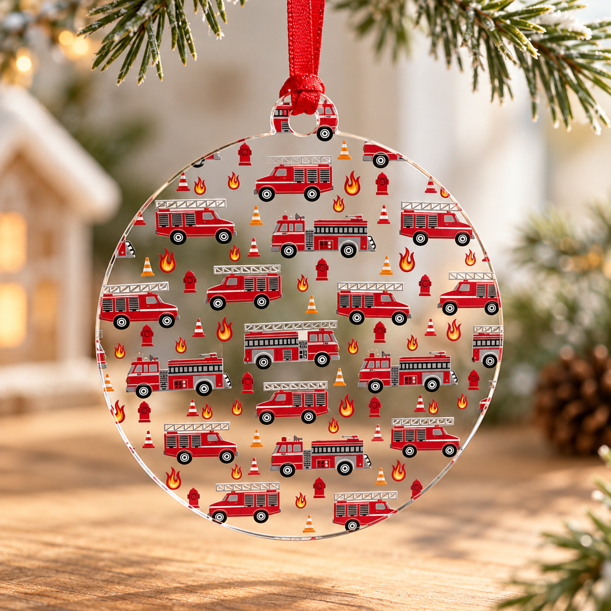 Fire Truck Fire Engine Shaped Acrylic Holiday Ornament (Wholesale)