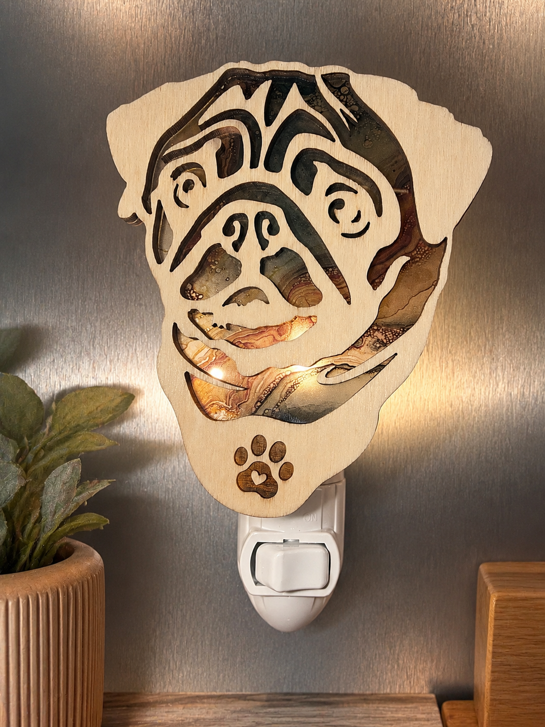 Pug Wood LED Night Light Dog Lovers Nightlight