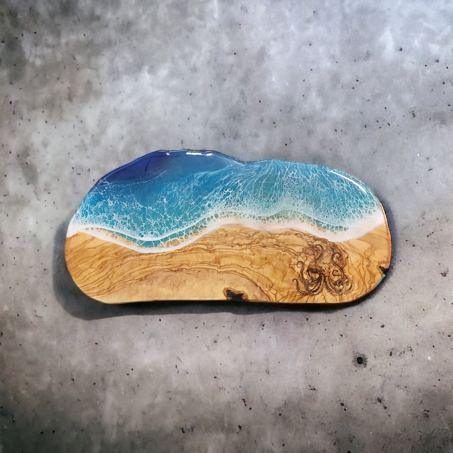 Octopus on Olivewood with Epoxy Beach Waves Charcuterie Kitchen Decor Serving Trays