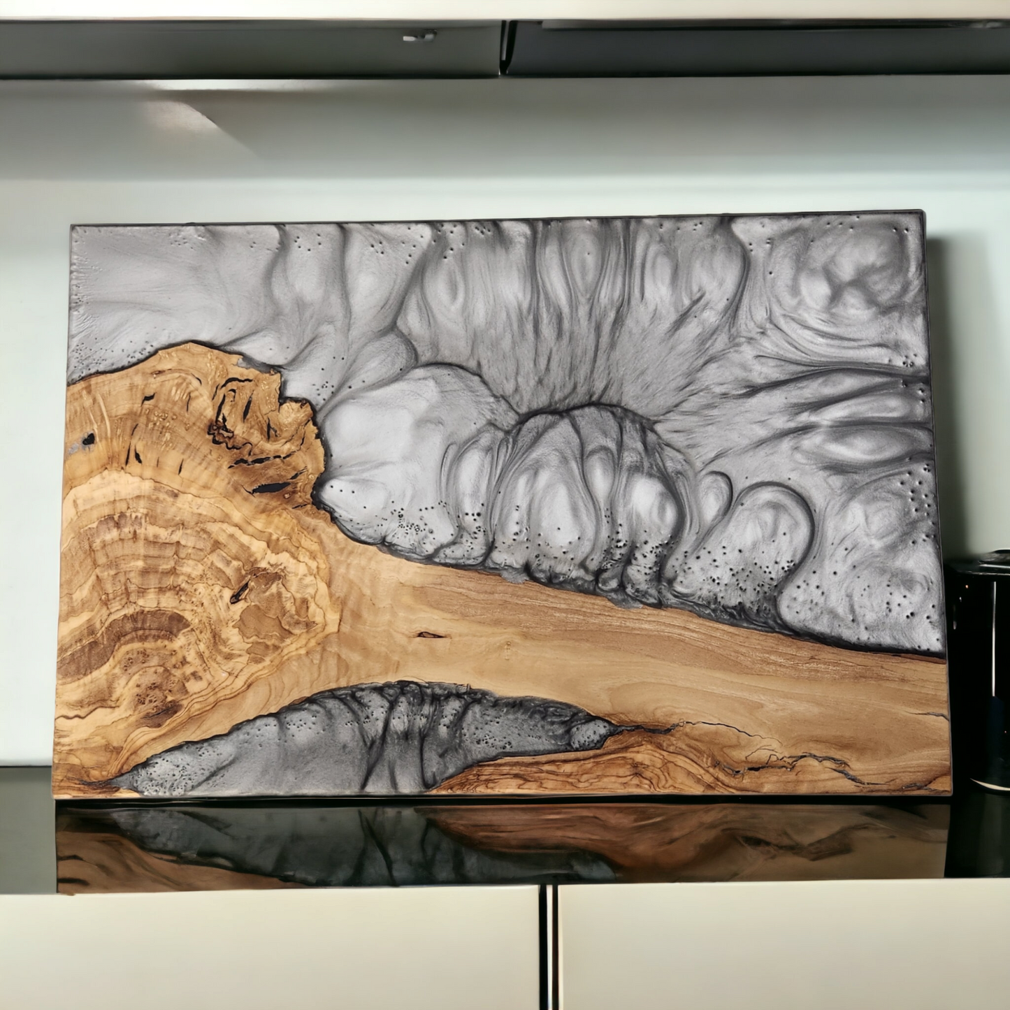 Olivewood Epoxy Charcuterie Serving Board & Kitchen Art Decor "Boiling Titanium"