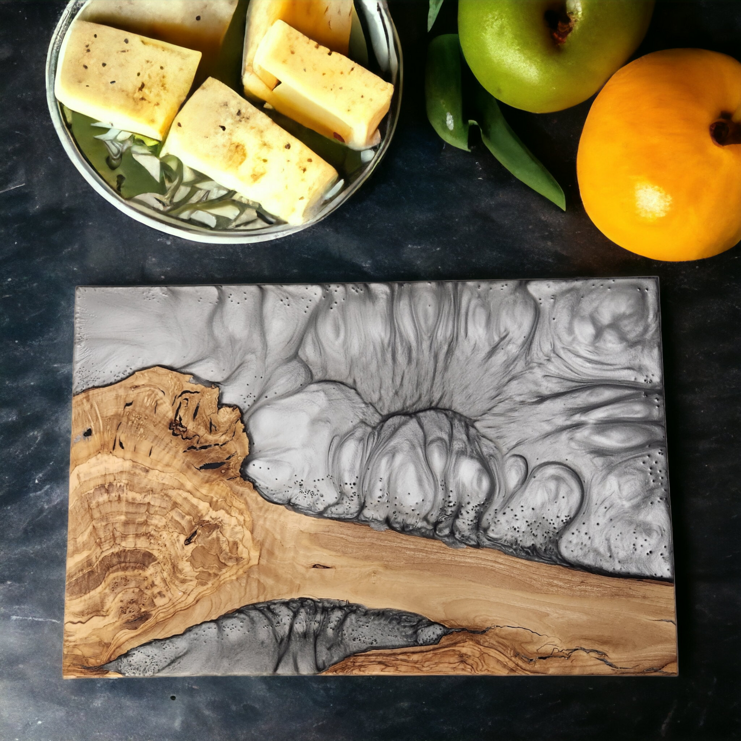 Olivewood Epoxy Charcuterie Serving Board & Kitchen Art Decor "Boiling Titanium"