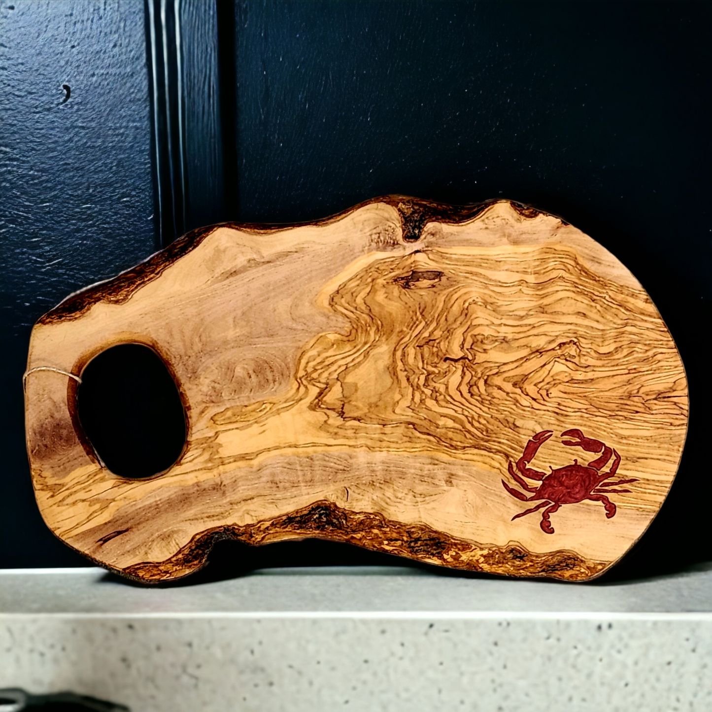 Olivewood Cutting Board with Crab Inlay