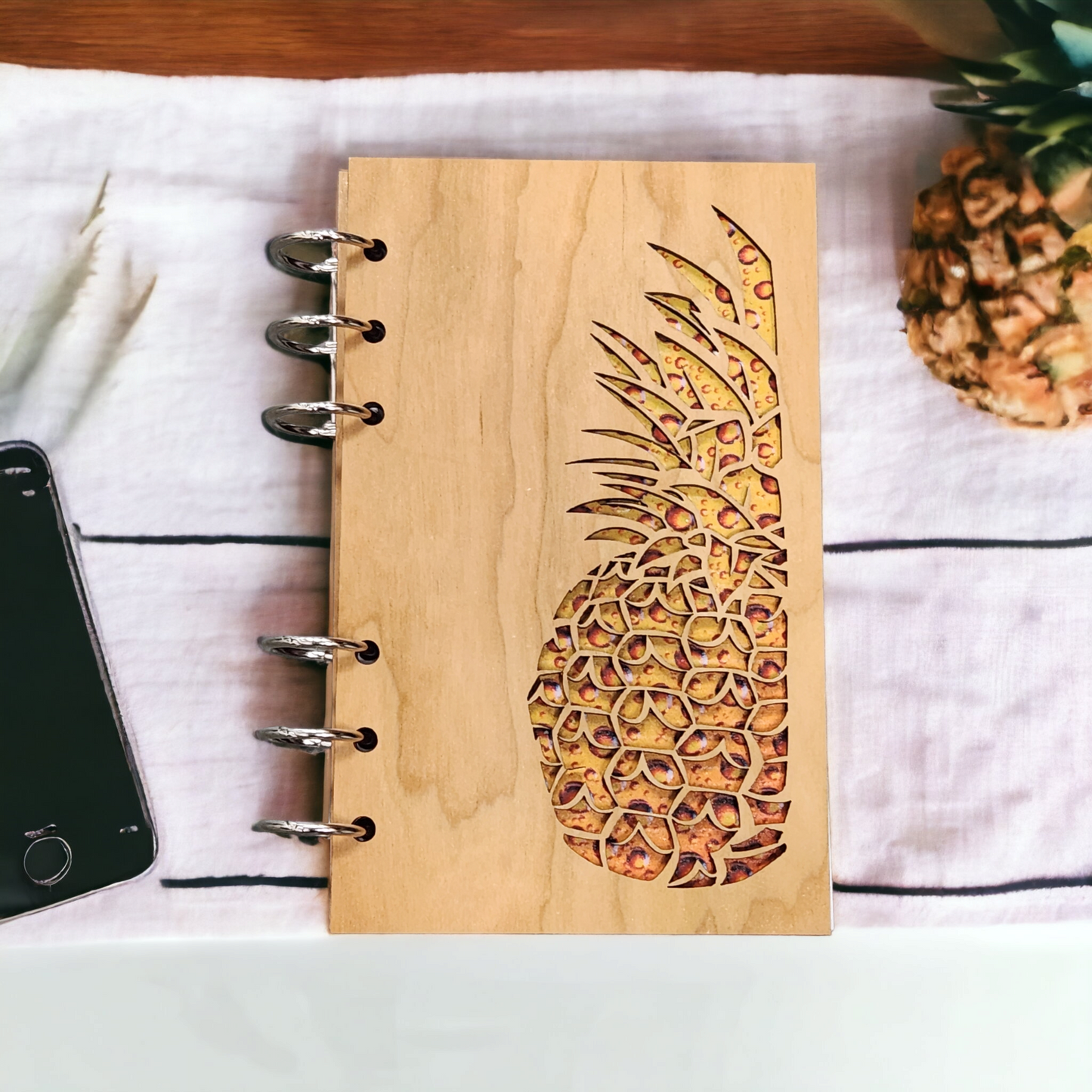 Pineapple Refillable Wood Journal Notebook - A6 paper notebook