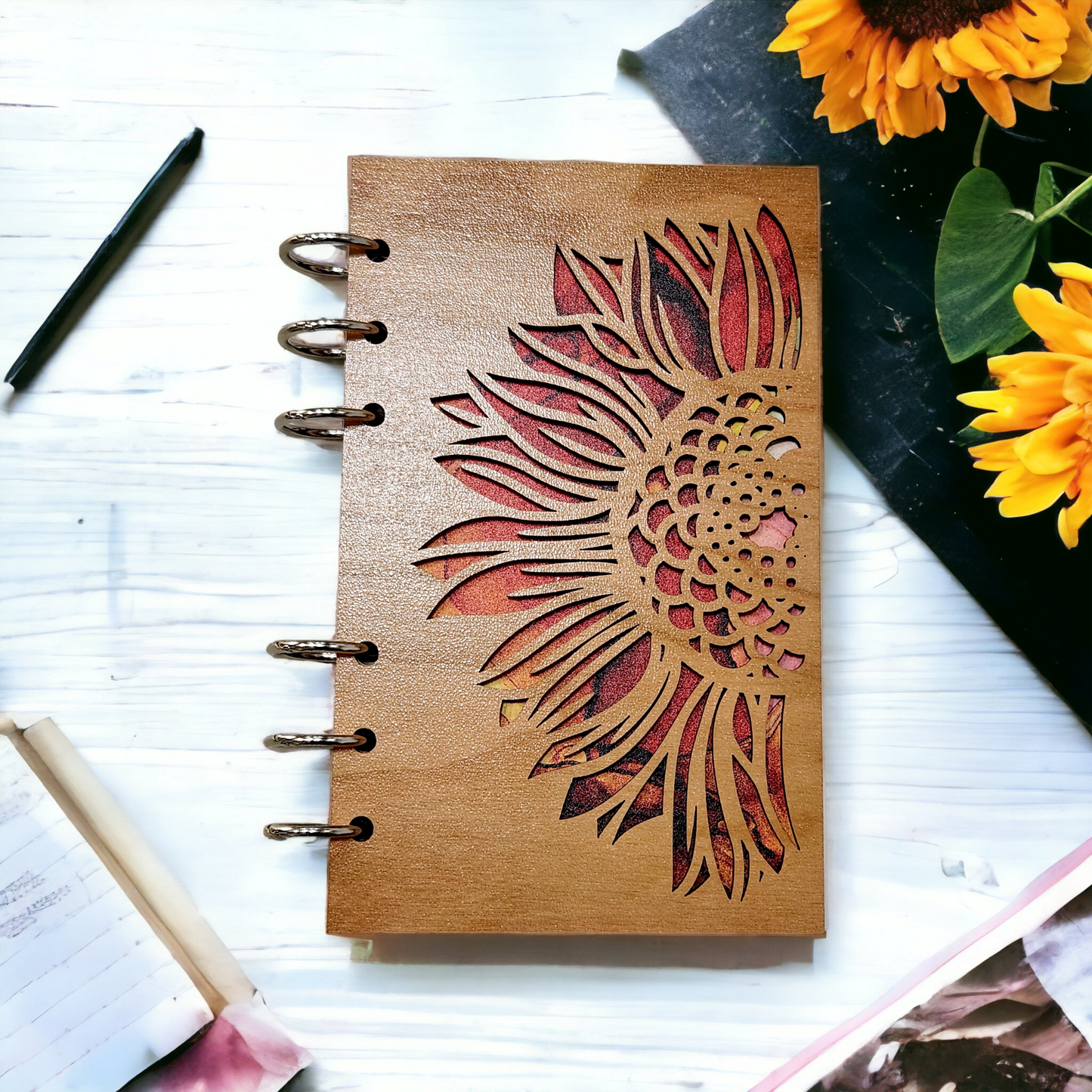 Sunflower Refillable Wood Journal Notebook - A6 paper notebook