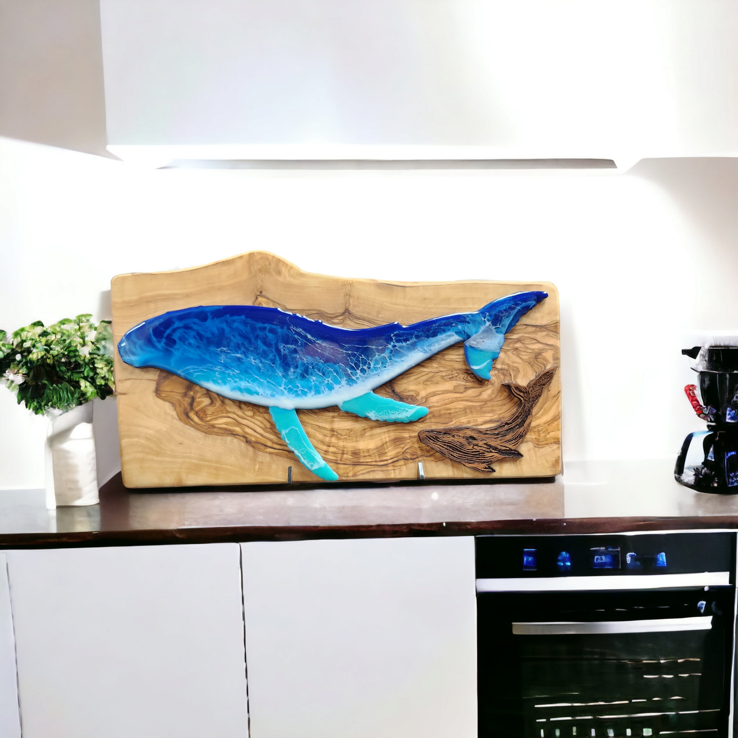 Whales in Harmony: Olivewood and Walnut Resin Wall Art