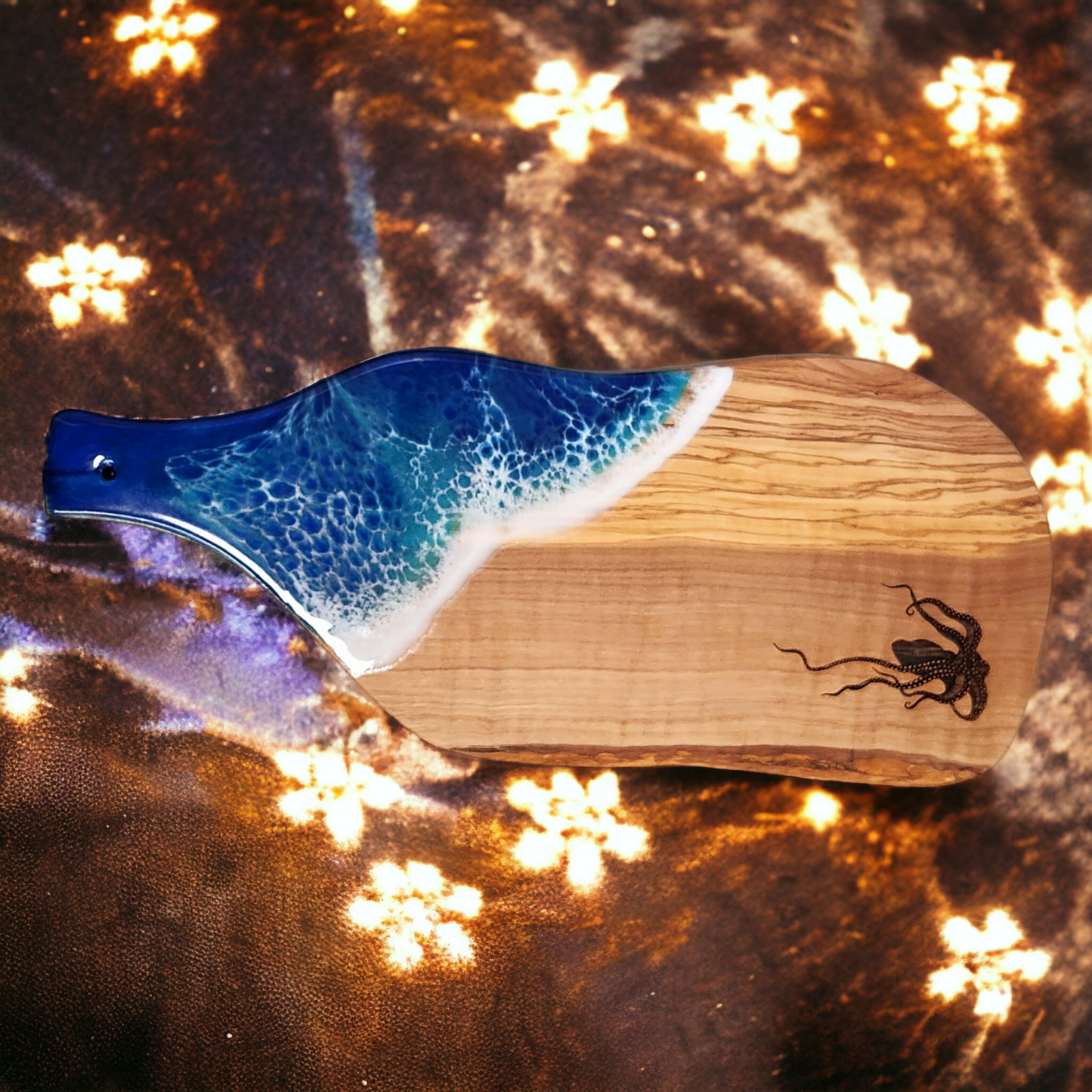 Olivewood & Resin Cheese Board with Engraved Octopus cheeseboard
