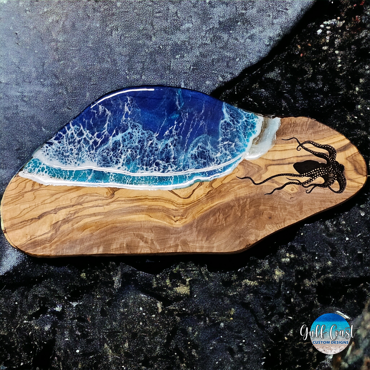 Octopus on Olivewood with Ocean Resin Design Charcuterie Serving Platter Serving Platters