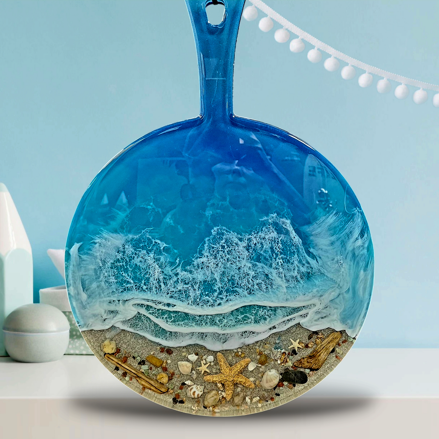 Epoxy beach waves charcuterie starfish art home decor shells tray charcuterie serving board charcuterie