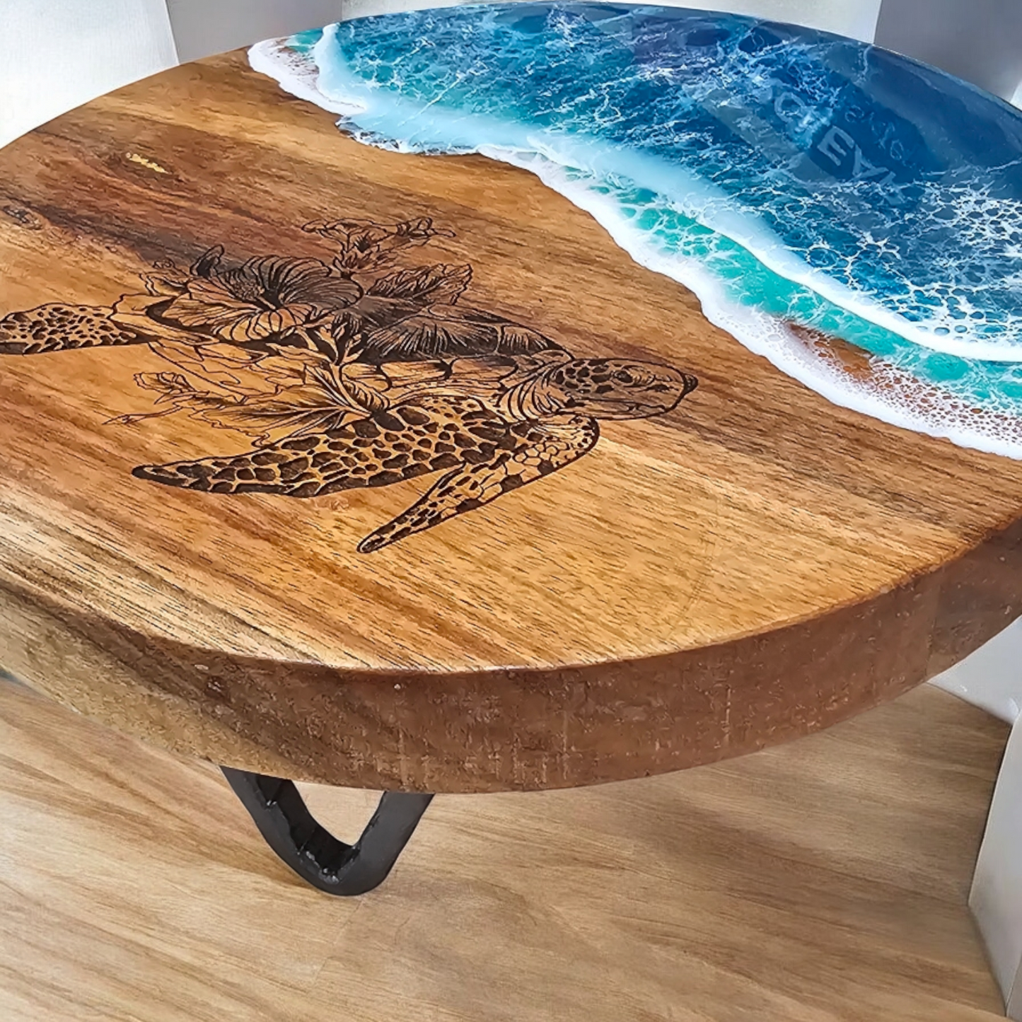 Turtle Engraved Cake Trivet with Coastal Water Resin Design - Acacia Trivet trivet
