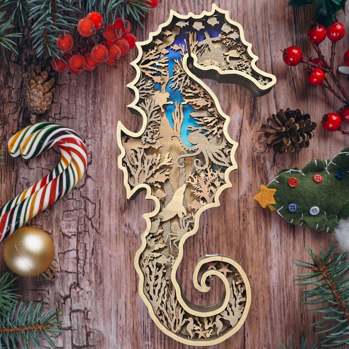Seahorse Multi-Layer Wood Wall Art - 3D Sealife Ocean Custom Decor Nursery Art