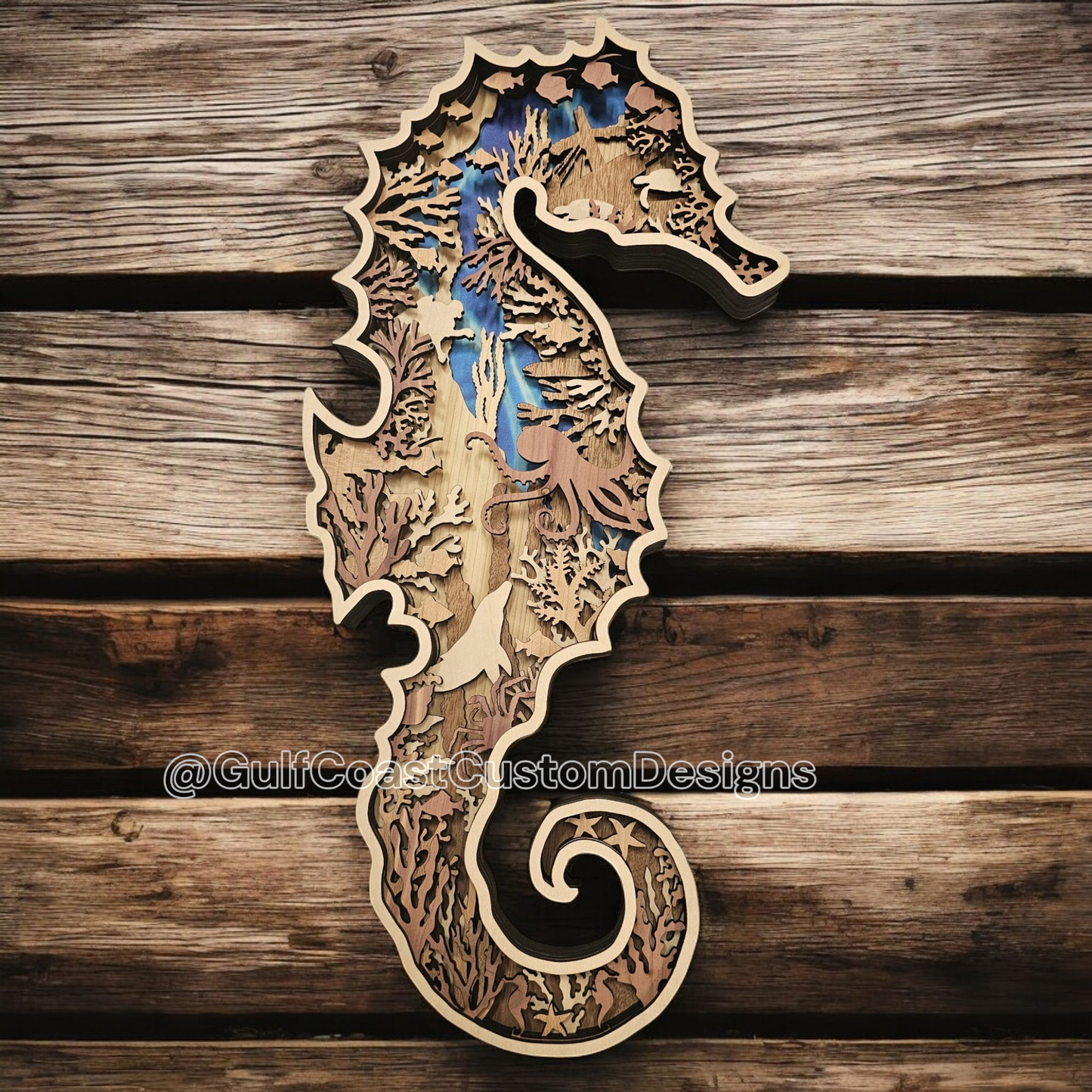Seahorse Multi-Layer Wood Wall Art - 3D Sealife Ocean Custom Decor Nursery Art