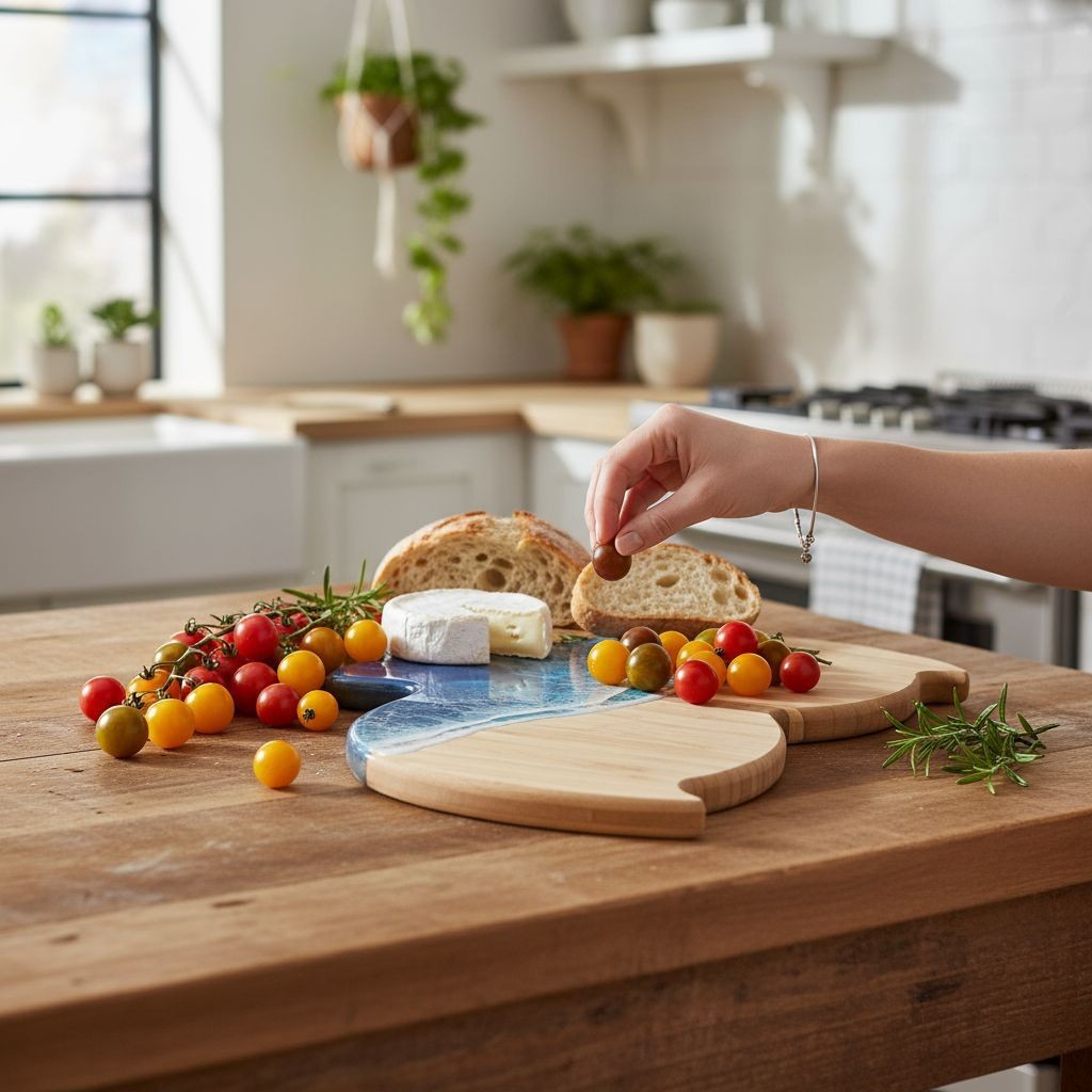 Whale Tail Shaped Bamboo Cutting Board with Ocean Resin Design