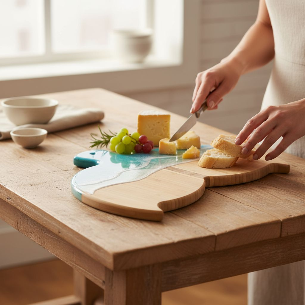 Whale Tail Shaped Bamboo Cutting Board with Ocean Resin Design