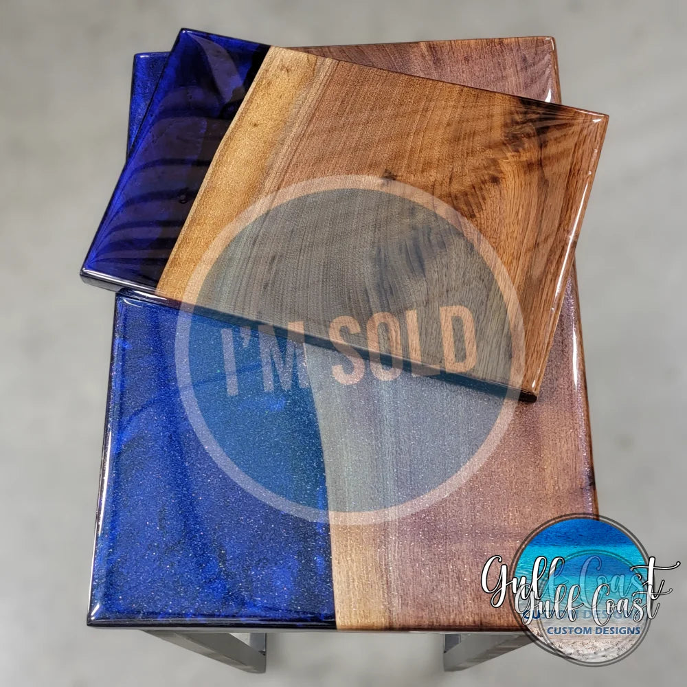 C-Table Set - Blue Epoxy & Walnut C-Table w/ Side Serving Tray sofa table