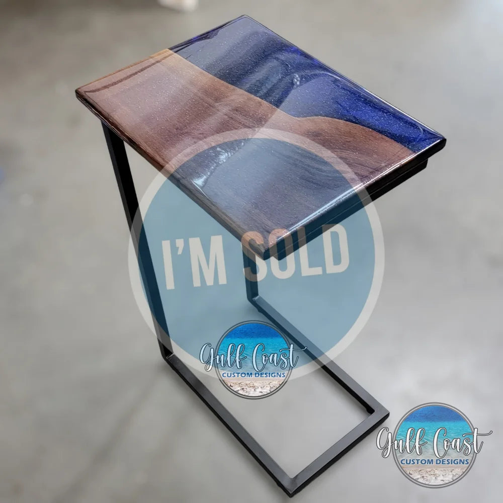 C-Table Set - Blue Epoxy & Walnut C-Table w/ Side Serving Tray sofa table