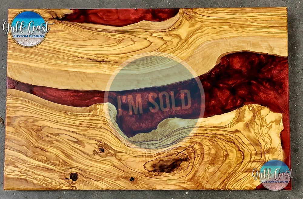 Custom Olivewood Epoxy Infusions Charcuterie Cutting Board - ’Shensei Red Wave’ decorative trays