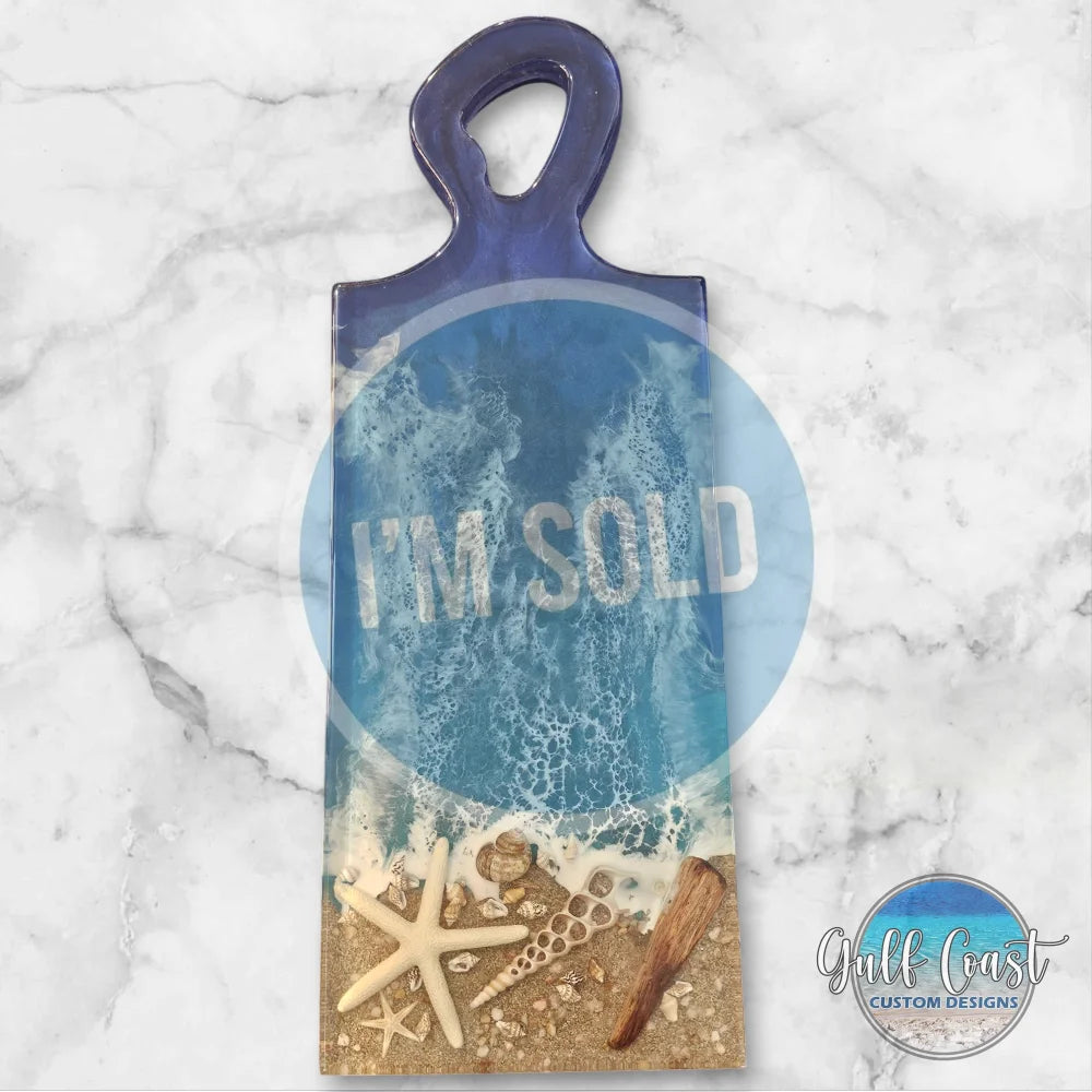 Handmade Ocean Resin Art Charcuterie Board – One-of-a-Kind Beach Decor with Real Shells & Starfish Serving Trays