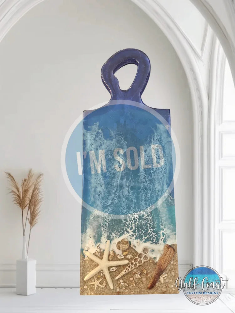 Handmade Ocean Resin Art Charcuterie Board – One-of-a-Kind Beach Decor with Real Shells & Starfish Serving Trays