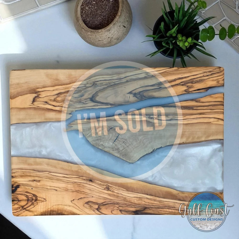 Olive Wood & White Pearl Resin Charcuterie Board – Handmade Functional Art charcuterie