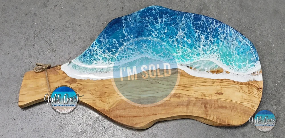 Olivewood Board with Caribbean Ocean Epoxy Wave Design - Functional Cutting Board decorative trays