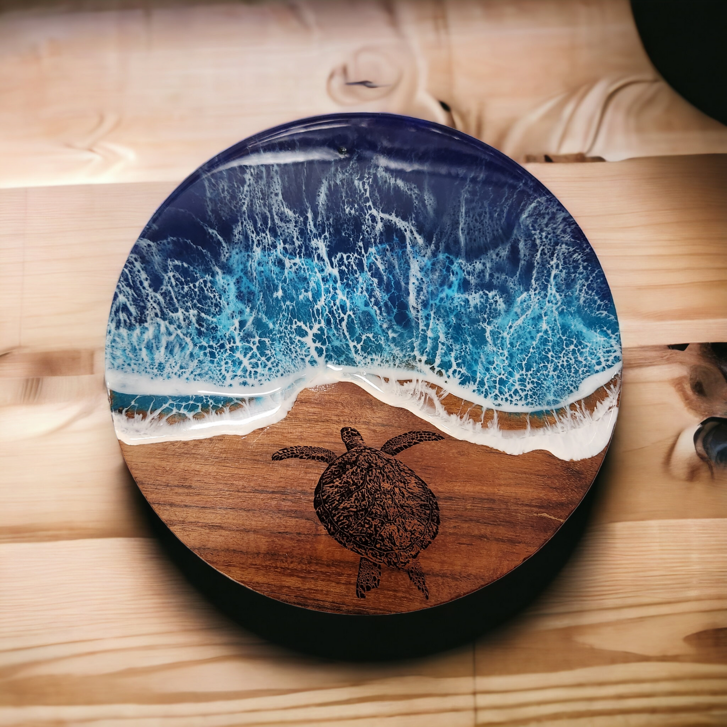 Acacia Cake Trivet with Epoxy Waves & Turtle Engraving