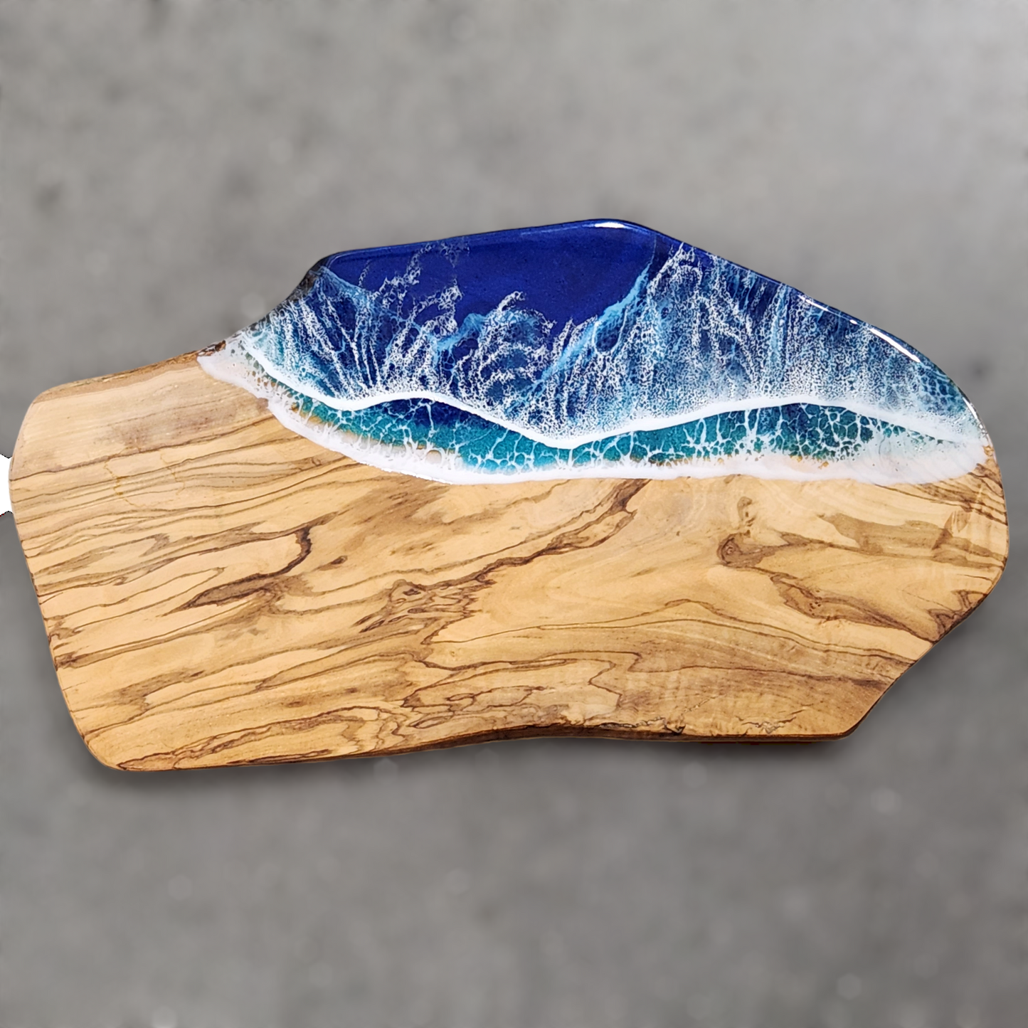 Olivewood ’Blue Emerald Coast’ Charcuterie Serving Board + Ocean Wave Design 19’’ x 10’’ serving