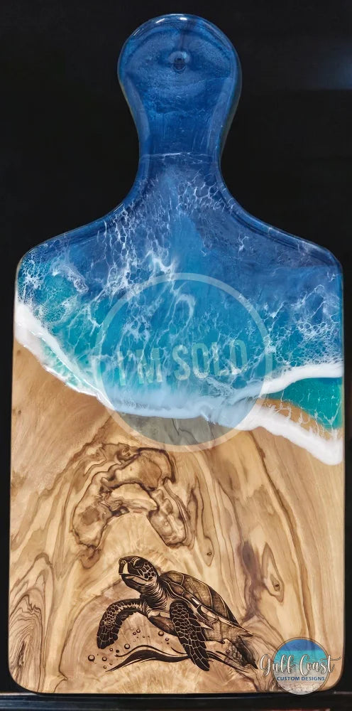 Sea Turtle Resin Art Engraved on Olivewood Cheese Cutting Board | Turtle Kitchen Art cutting boards