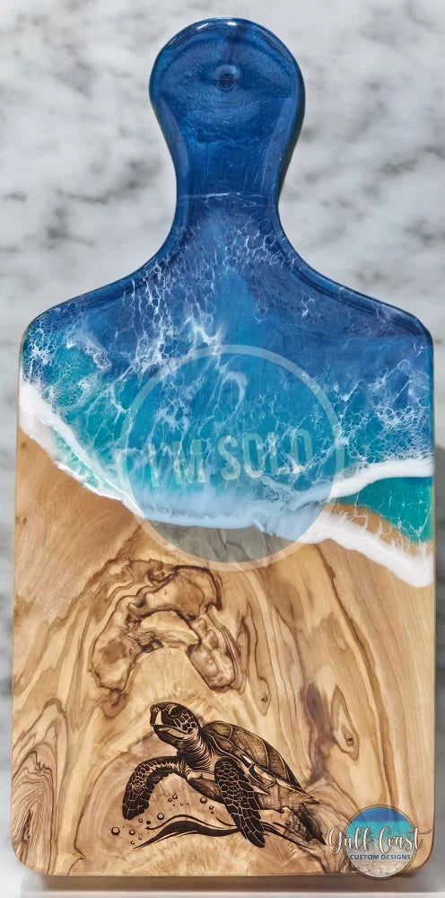 Sea Turtle Resin Art Engraved on Olivewood Cheese Cutting Board | Turtle Kitchen Art cutting boards