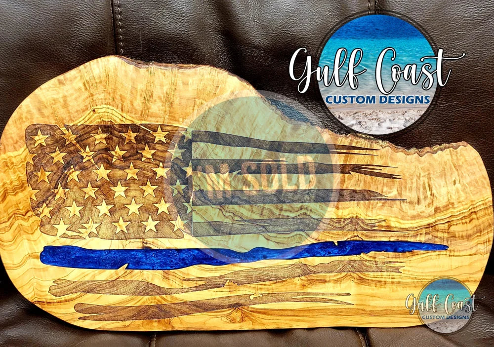 Thin Blue Line Natural Olivewood Cutting Board ~ Home Decor ~ Police Thin Blue Line Design Medium 14’’ - 16’’