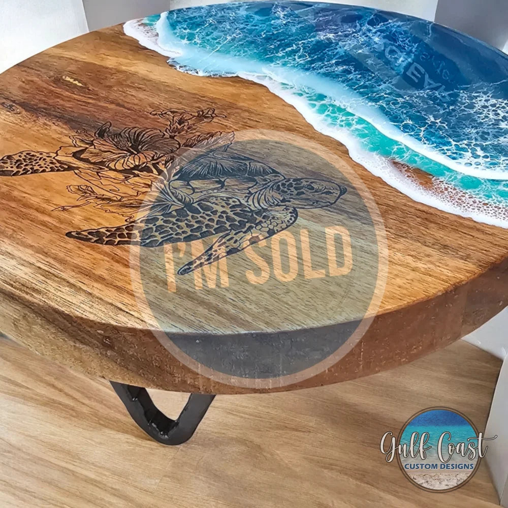 Turtle Engraved Cake Trivet with Coastal Water Resin Design - Acacia Trivet trivet