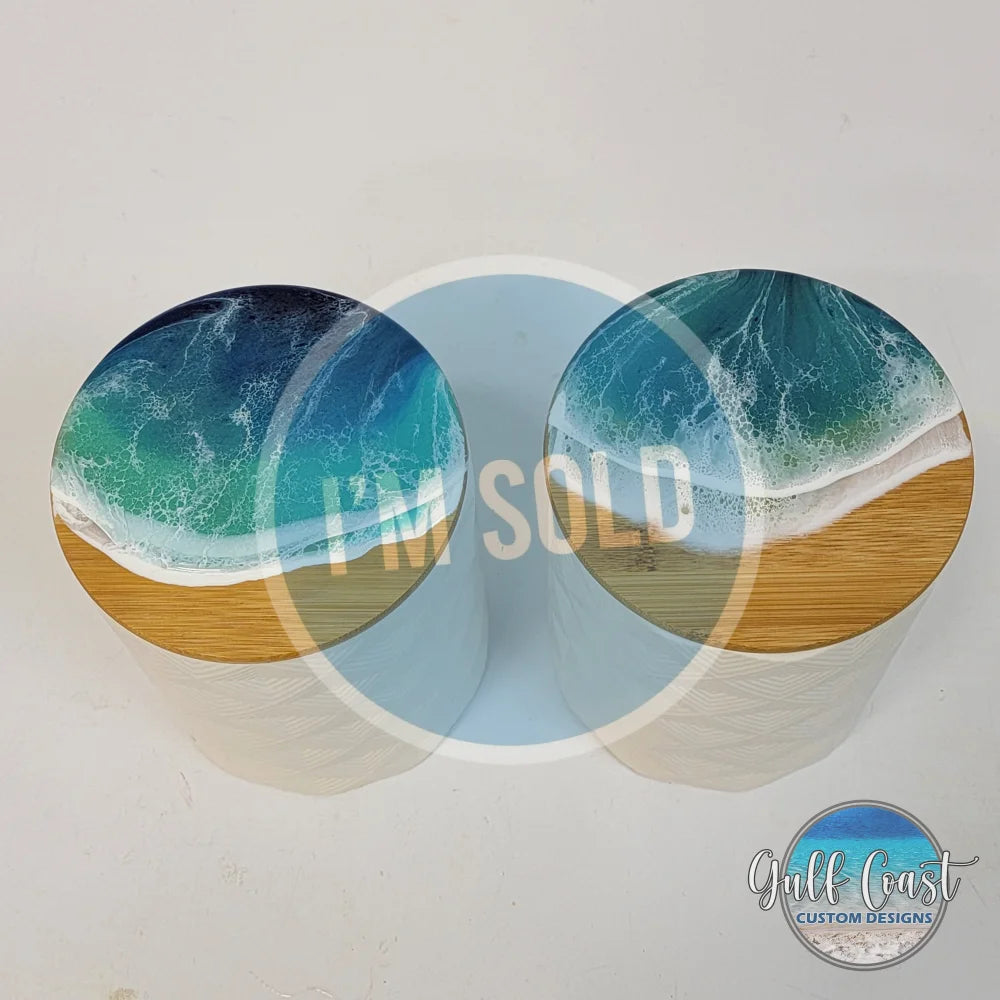 White Storage Canisters w/ Ocean Resin Wave Design (set of 2) Decorative Containers