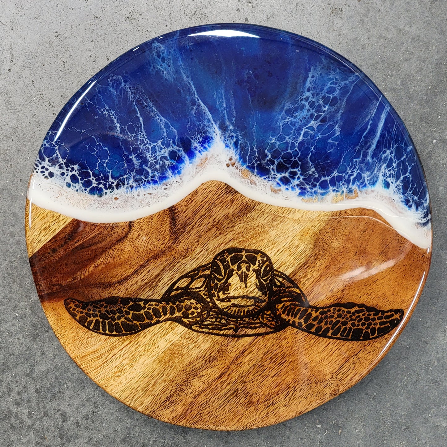 Acacia Wood Cakestand w/ Engraved Sea Turtle Epoxy Beach Wave Design - Beach Decor