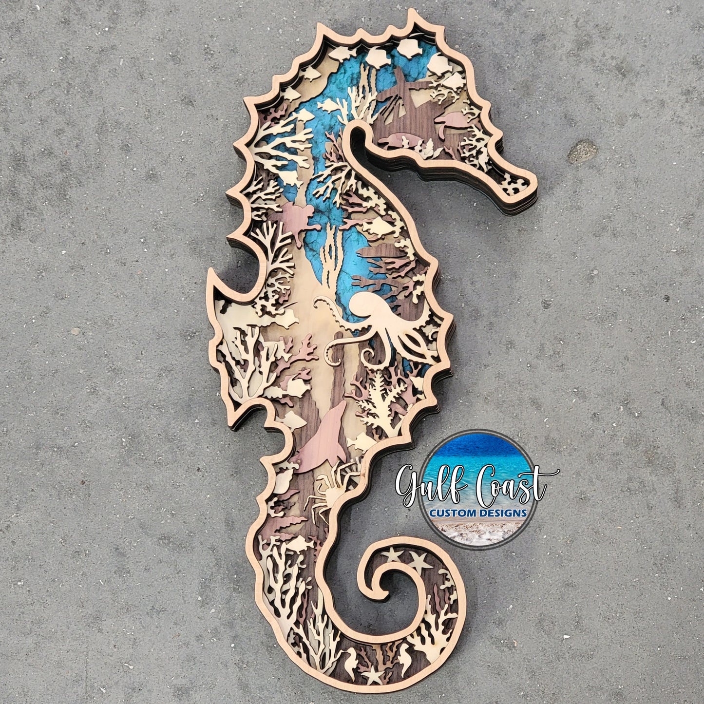 Seahorse Multi-Layer Wood Wall Art - 3D Sealife Ocean Custom Decor Nursery Art