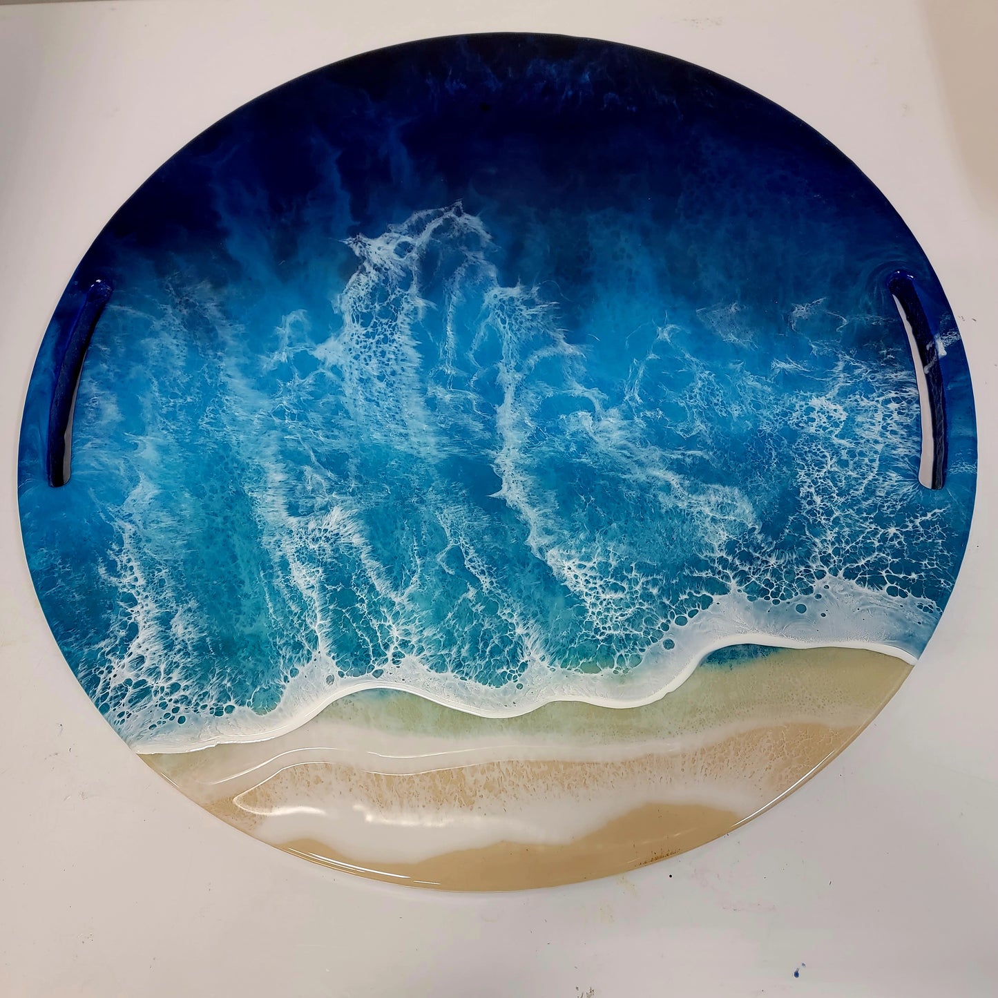Ocean Resin Wave Wood Top Wire Base Basket Table Beach Decor 19" x 17"