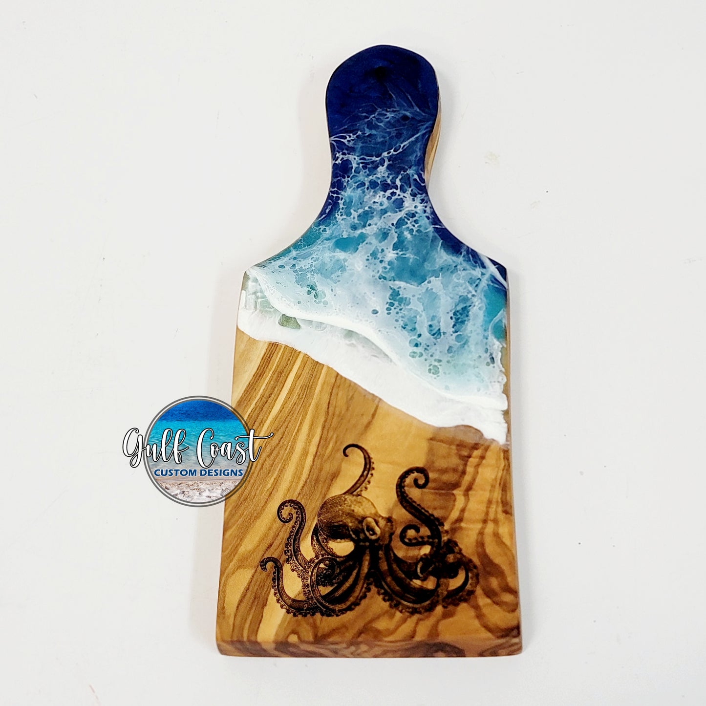 Small Olivewood Octopus Epoxy Wave Beach Decor Serving Board Tray (#1)