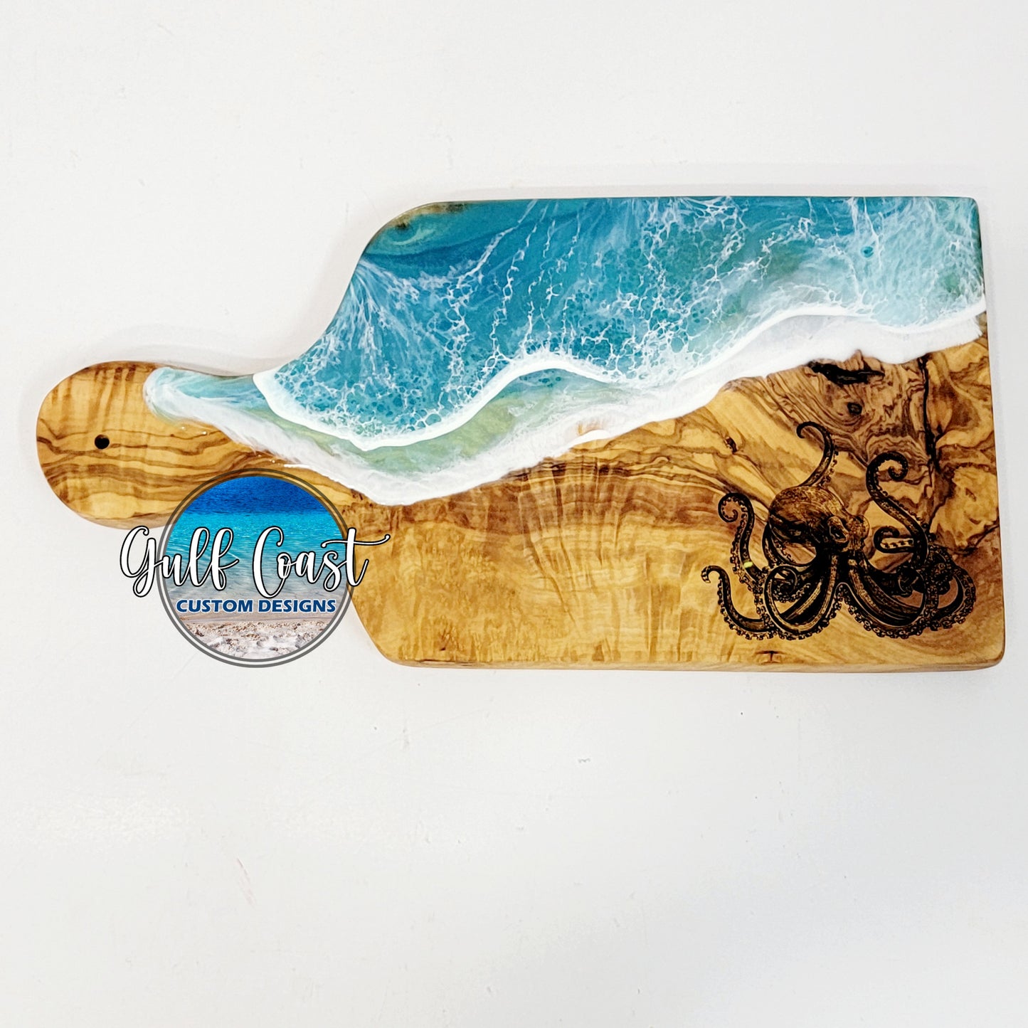 Olivewood Charcuterie Board+ Epoxy Wave Design Engraved Octopus Board