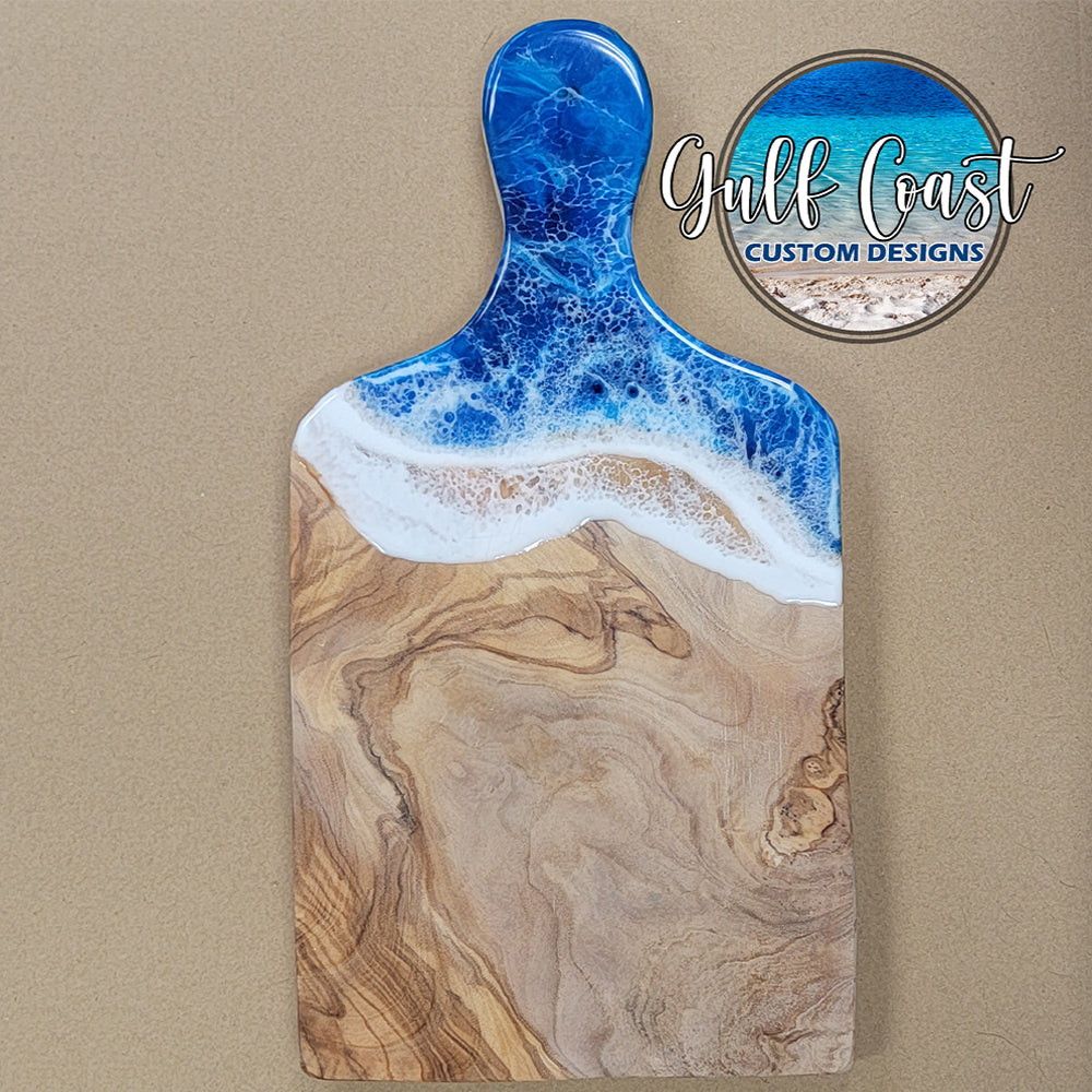 Olive Wood Charcuterie Board with Ocean Beach Wave Epoxy Resin Infusion