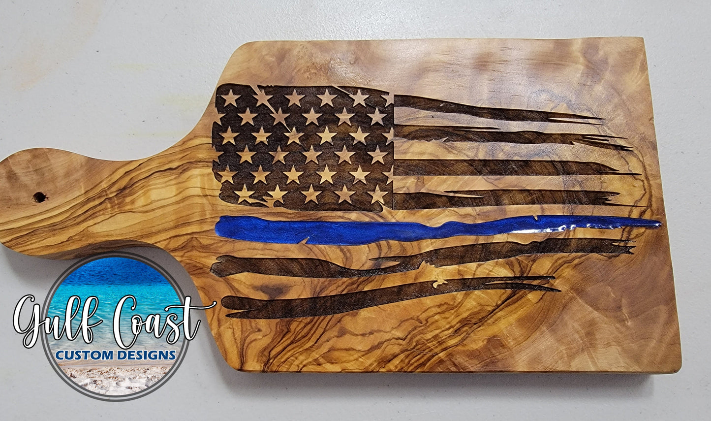 Thin Blue Line Natural Olivewood Cutting Board ~ Home Decor ~ Police Thin Blue Line Design Small 12’’ - 14’’