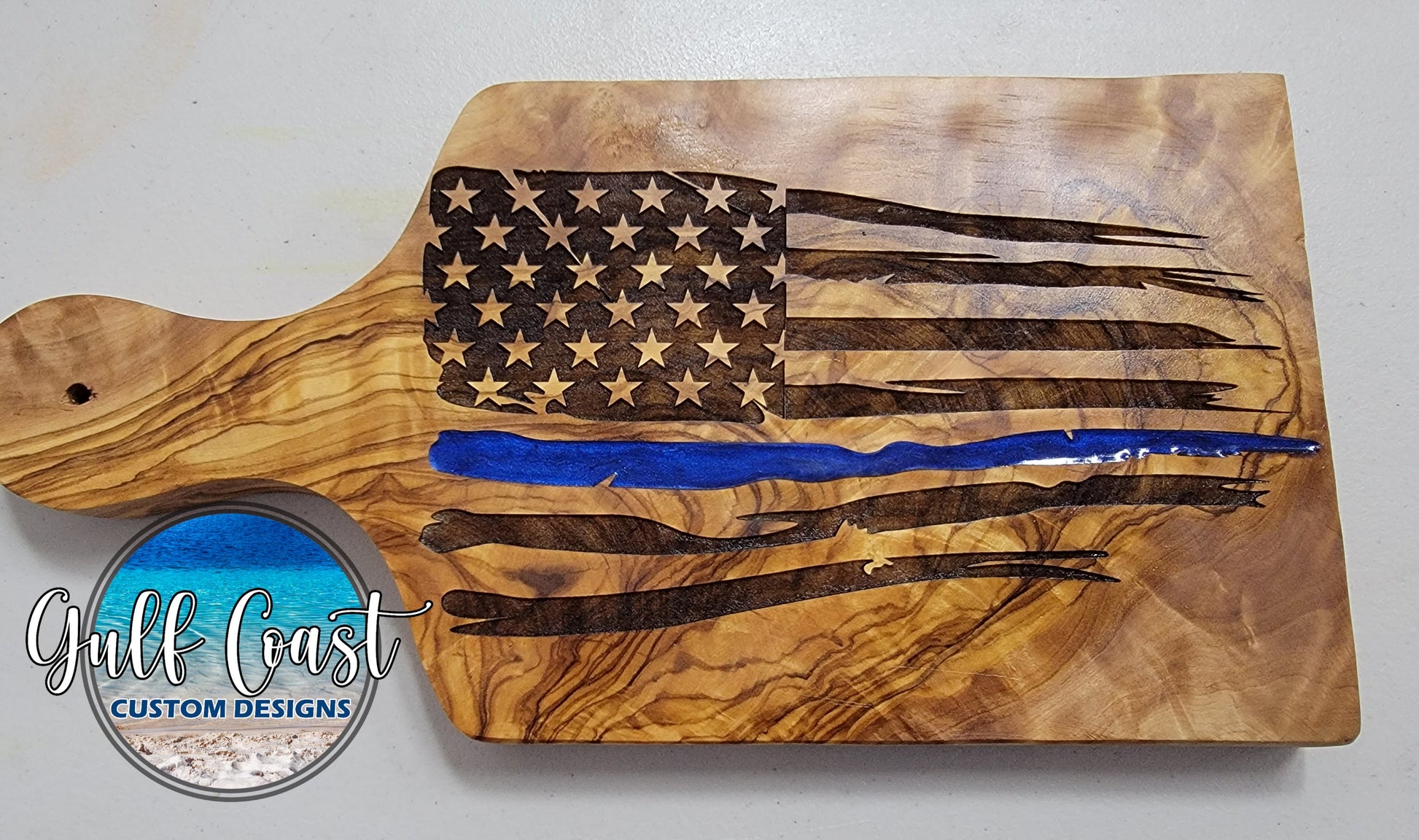 Thin Blue Line Natural Olivewood Cutting Board ~ Home Decor ~ Police Thin Blue Line Design Small 12’’ - 14’’
